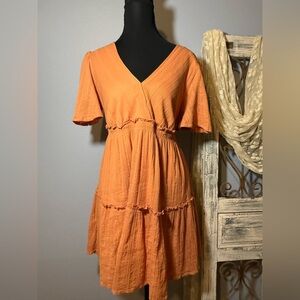 Boho Orange Midi Dress with Flare Sleeves